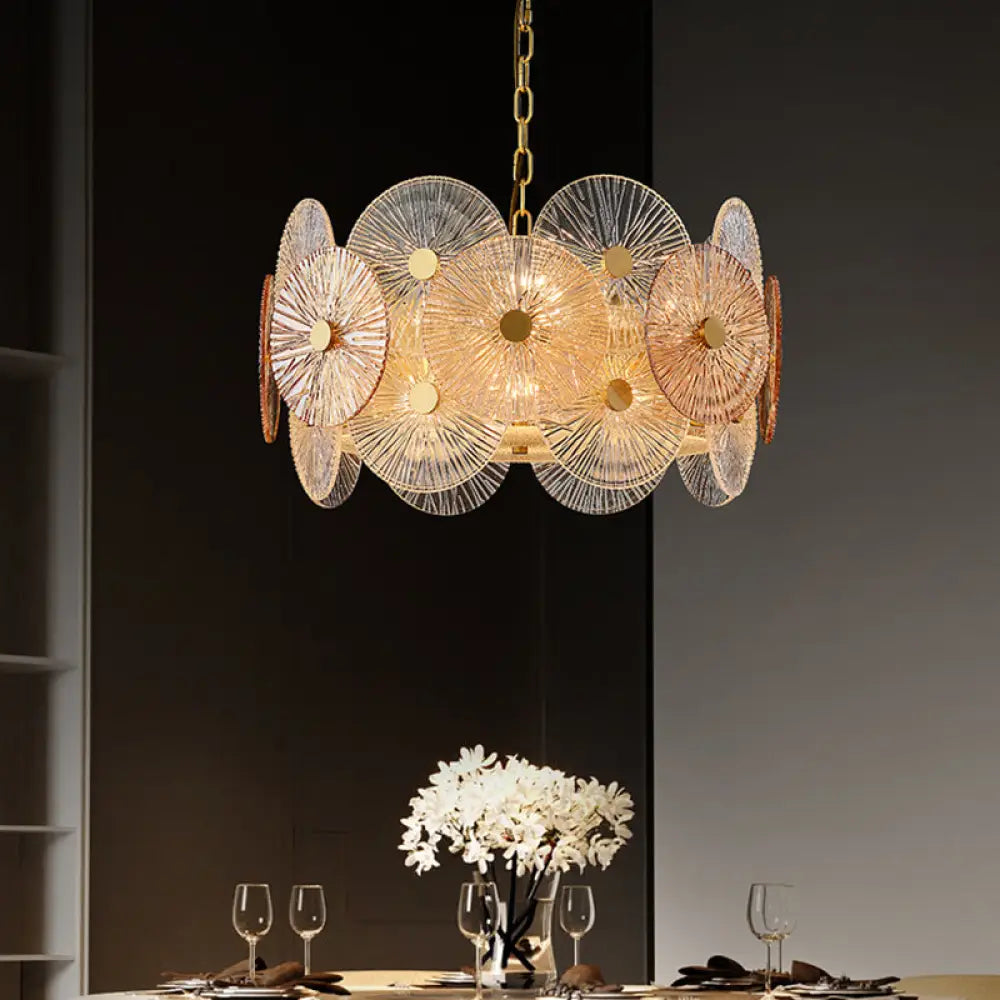 Modern Gold Ribbed Glass Chandelier With 8/12 Hanging Heads - Clear Panel Ceiling Pendant Lamp 8 /