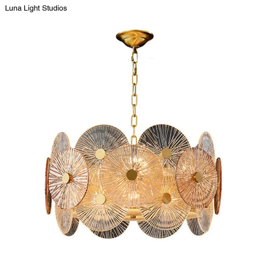 Modern Gold Ribbed Glass Chandelier With 8/12 Hanging Heads - Clear Panel Ceiling Pendant Lamp