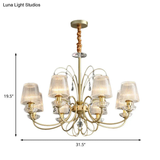 Modern Gold Cone Chandelier Lamp With Clear Ribbed Glass - 6/8/10 Lights Ideal For Living Room