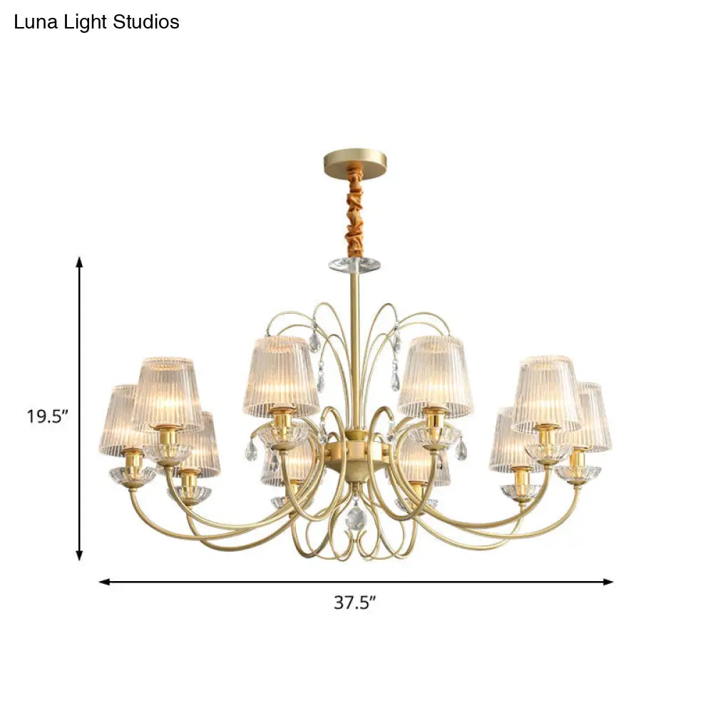 Modern Gold Cone Chandelier Lamp With Clear Ribbed Glass - 6/8/10 Lights Ideal For Living Room