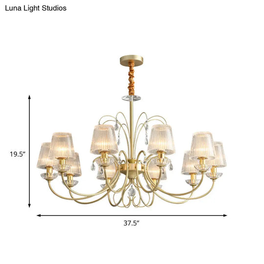 Modern Gold Cone Chandelier Lamp With Clear Ribbed Glass - 6/8/10 Lights Ideal For Living Room