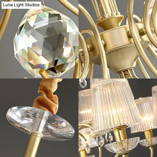 Modern Gold Cone Chandelier Lamp With Clear Ribbed Glass - 6/8/10 Lights Ideal For Living Room