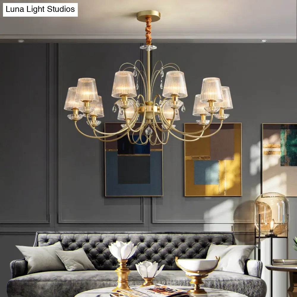 Modern Gold Ribbed Glass Cone Chandelier With 6/8/10 Lights - Elegant Hanging Ceiling Light For