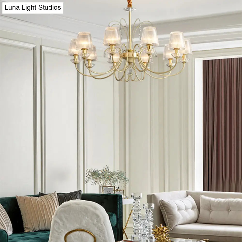 Modern Gold Cone Chandelier Lamp With Clear Ribbed Glass - 6/8/10 Lights Ideal For Living Room 10 /