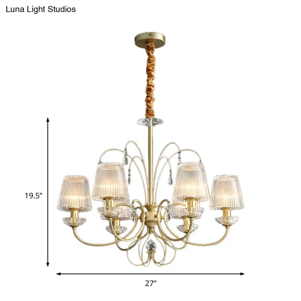 Modern Gold Ribbed Glass Cone Chandelier With 6/8/10 Lights - Elegant Hanging Ceiling Light For