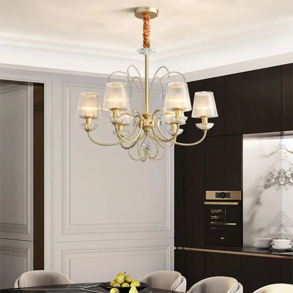 Modern Gold Ribbed Glass Cone Chandelier With 6/8/10 Lights - Elegant Hanging Ceiling Light For