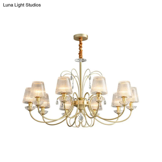 Modern Gold Cone Chandelier Lamp With Clear Ribbed Glass - 6/8/10 Lights Ideal For Living Room