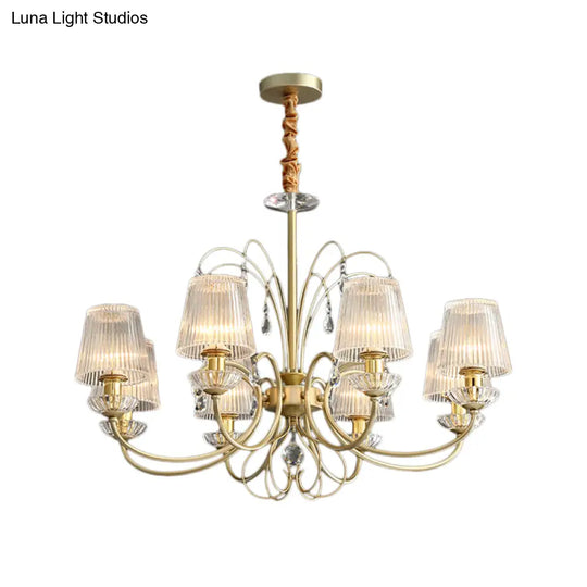 Modern Gold Ribbed Glass Cone Chandelier With 6/8/10 Lights - Elegant Hanging Ceiling Light For