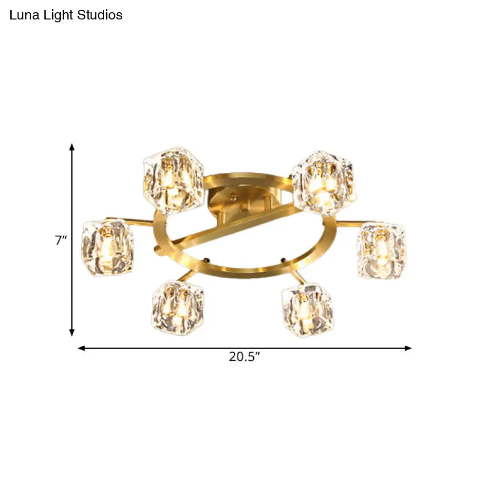 Modern Gold Ring Semi - Flush Mount Ceiling Light With Clear Crystal Cube Shade - 6/8 Bulbs Great