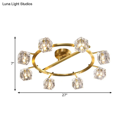 Modern Gold Ring Semi-Flush Mount Ceiling Light With Clear Crystal Cube Shade - 6/8 Bulbs Great Room
