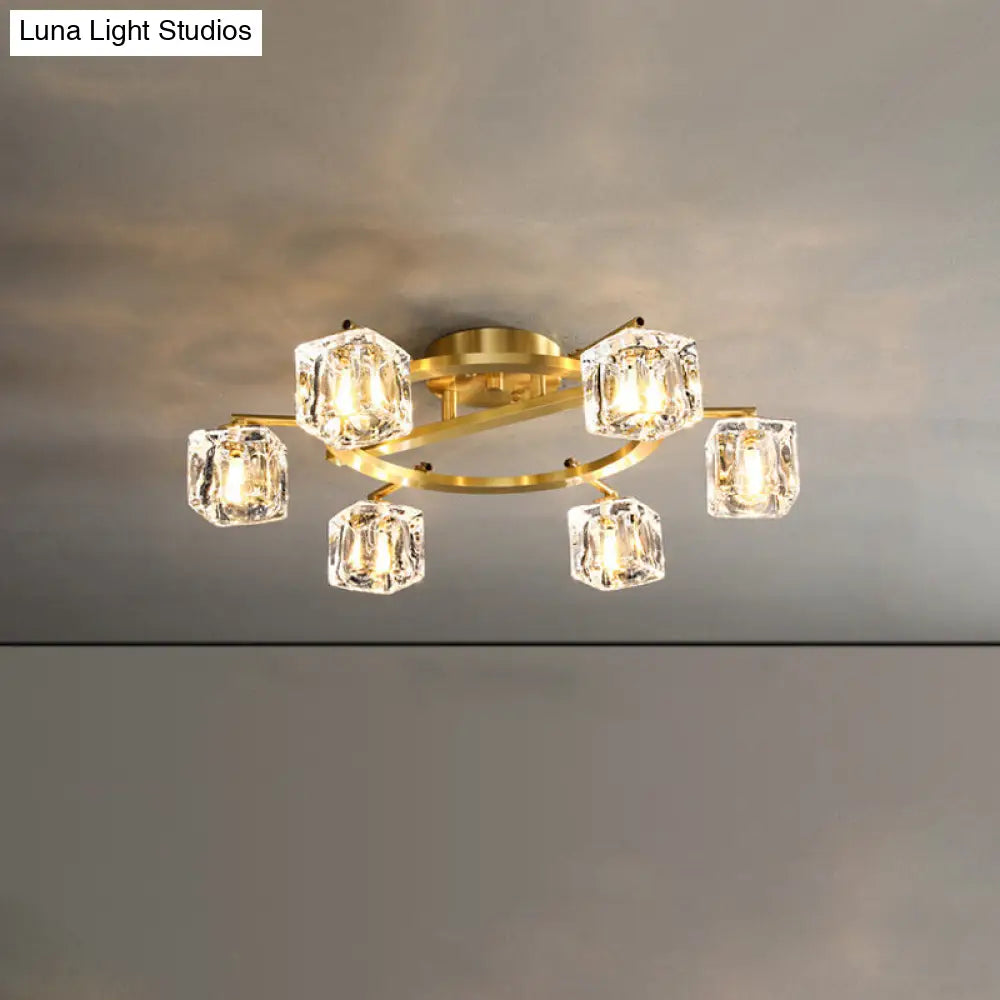 Modern Gold Ring Semi-Flush Mount Ceiling Light With Clear Crystal Cube Shade - 6/8 Bulbs Great Room