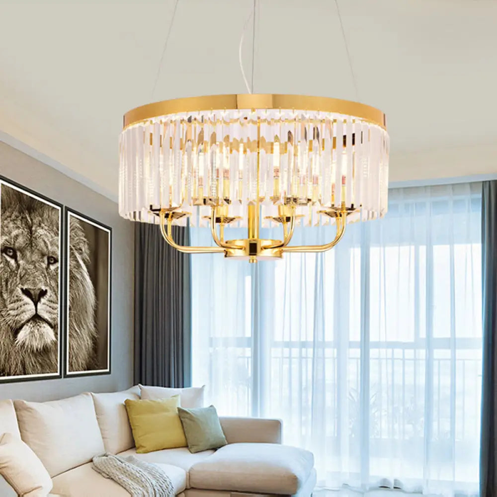 Modern Gold Round Chandelier With Rectangular-Cut Crystal Ceiling Light - 6/8/12 Lights