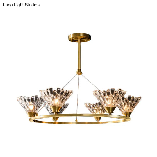 Rounded Gold Pendant Chandelier With Faceted Crystal Modern Suspension Lighting - 6 Heads Ideal For