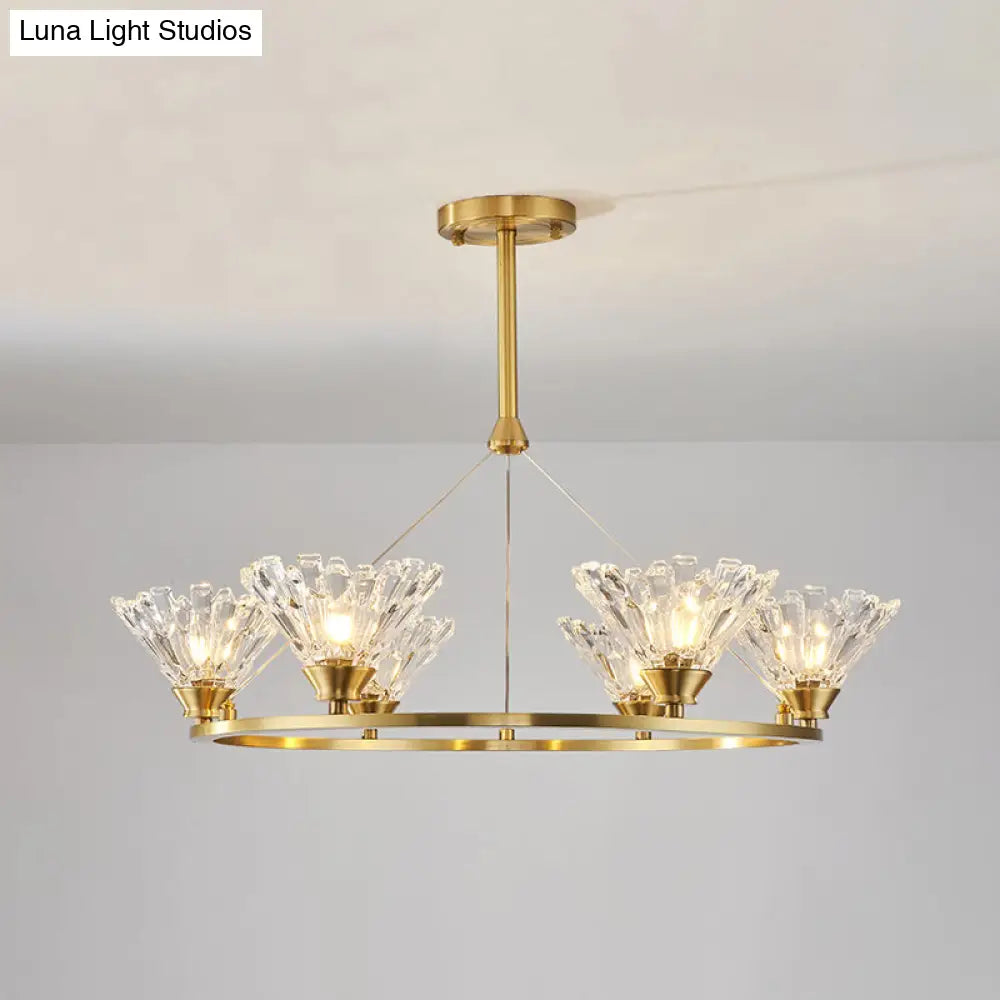 Rounded Gold Pendant Chandelier With Faceted Crystal Modern Suspension Lighting - 6 Heads Ideal For