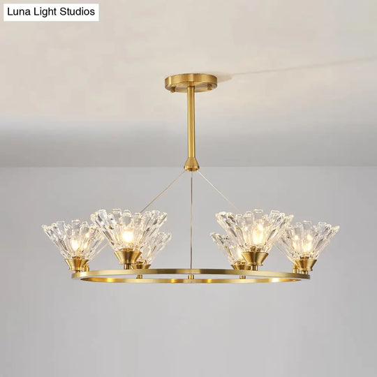 Rounded Gold Pendant Chandelier With Faceted Crystal Modern Suspension Lighting - 6 Heads Ideal For