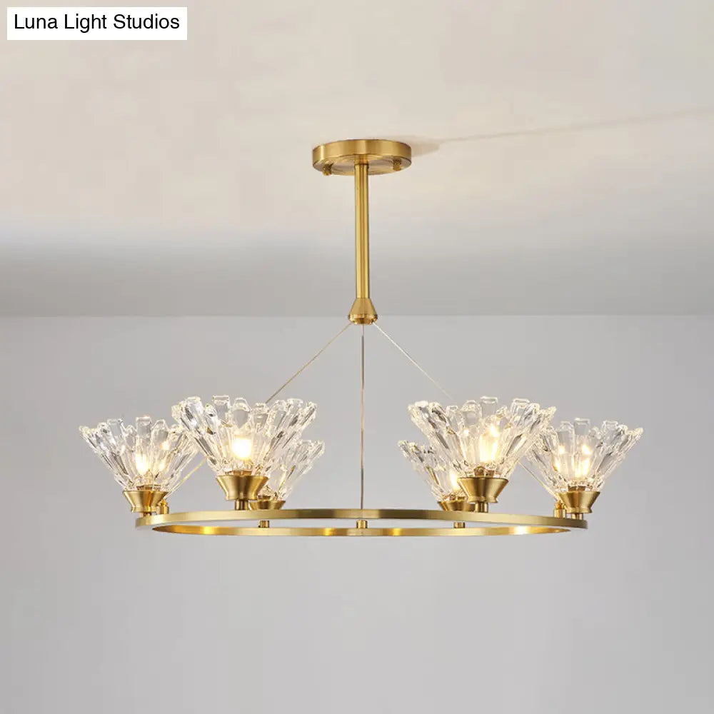 Modern Gold Rounded Pendant Chandelier With Crystal Facets - Suspended Dining Room Lighting Fixture