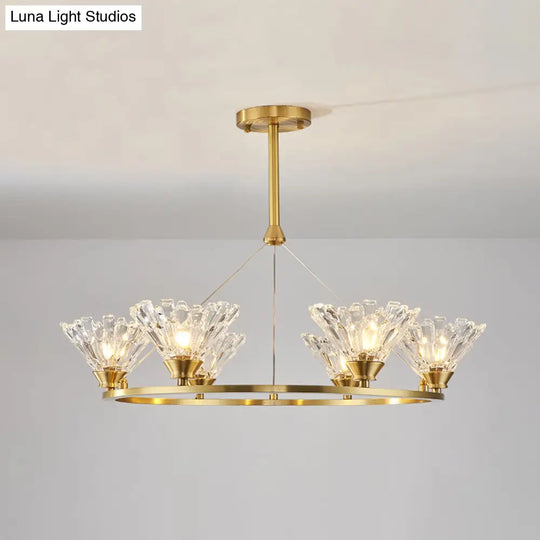 Modern Gold Rounded Pendant Chandelier With Crystal Facets - Suspended Dining Room Lighting Fixture