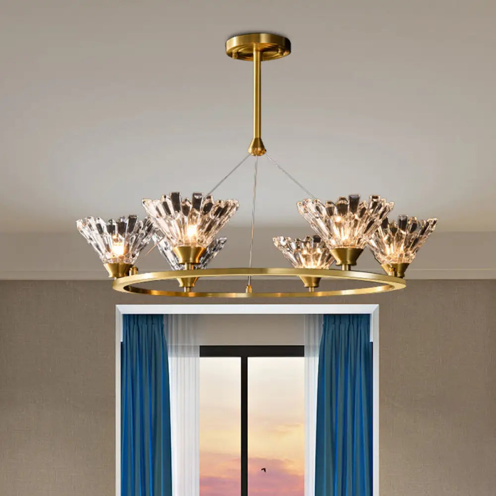 Modern Gold Rounded Pendant Chandelier With Crystal Facets - Suspended Dining Room Lighting Fixture