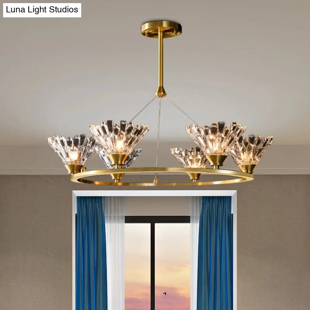 Rounded Gold Pendant Chandelier With Faceted Crystal Modern Suspension Lighting - 6 Heads Ideal For