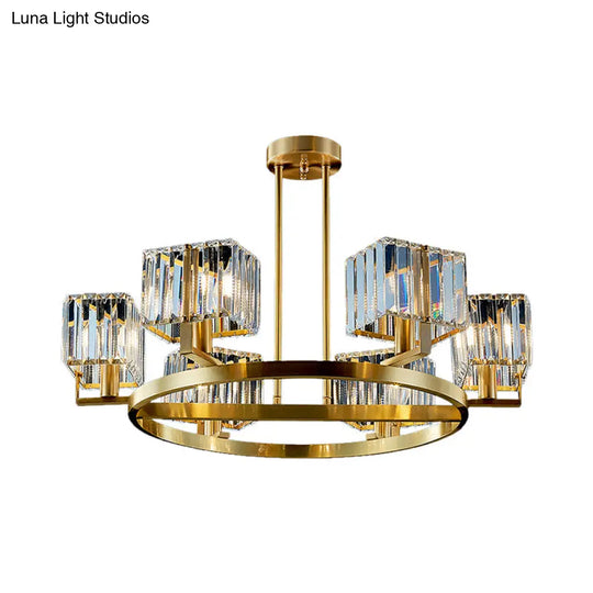 Modern Gold Semi Flush Chandelier With Crystal Cubic Shade - 4/6 Bulbs Ring Frame Mount Lighting