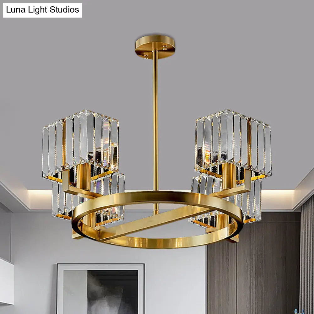 Modern Gold Semi Flush Chandelier With Crystal Cubic Shade - 4/6 Bulbs Ring Frame Mount Lighting