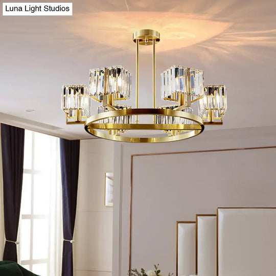 Modern Gold Semi Flush Chandelier With Crystal Cubic Shade - 4/6 Bulbs Ring Frame Mount Lighting