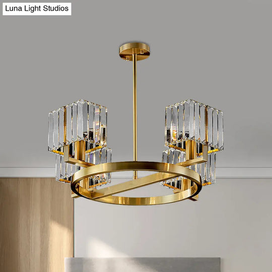 Modern Gold Semi Flush Chandelier With Crystal Cubic Shade - 4/6 Bulbs Ring Frame Mount Lighting 4 /