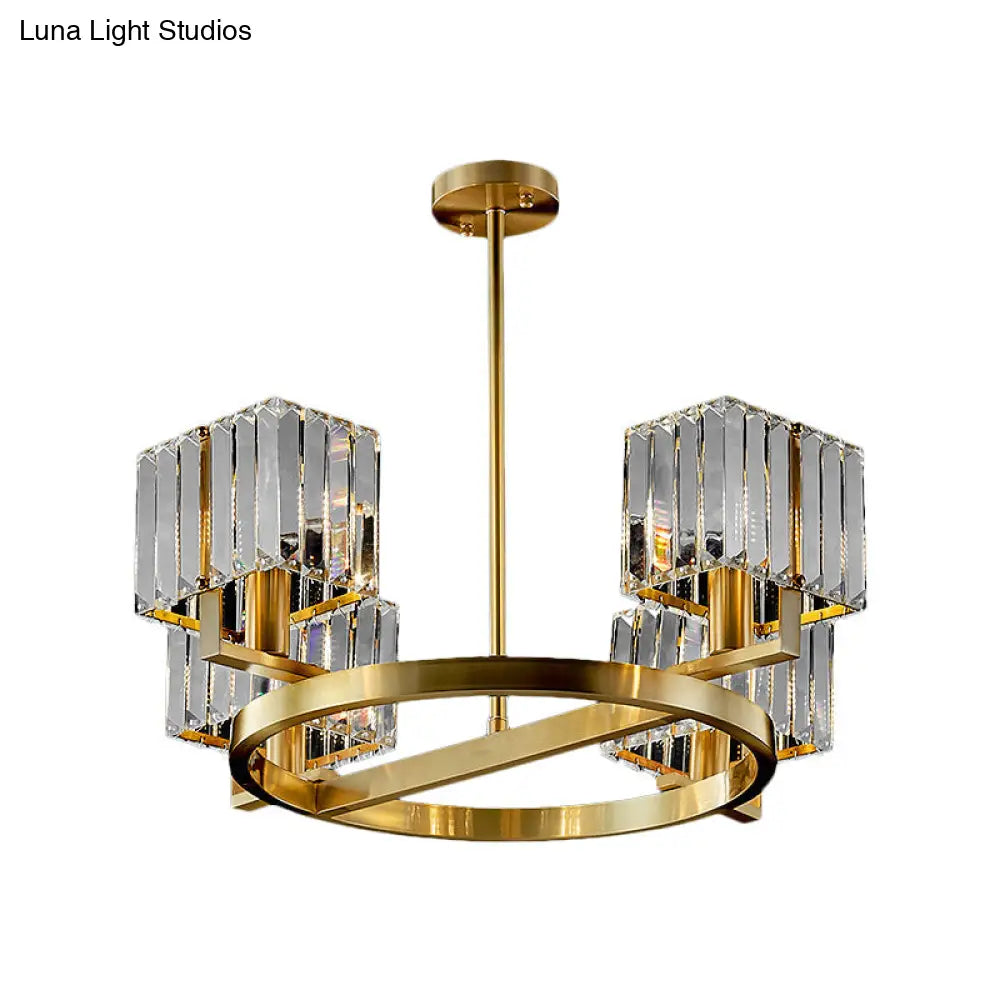 Modern Gold Semi Flush Chandelier With Crystal Cubic Shade - 4/6 Bulbs Ring Frame Mount Lighting