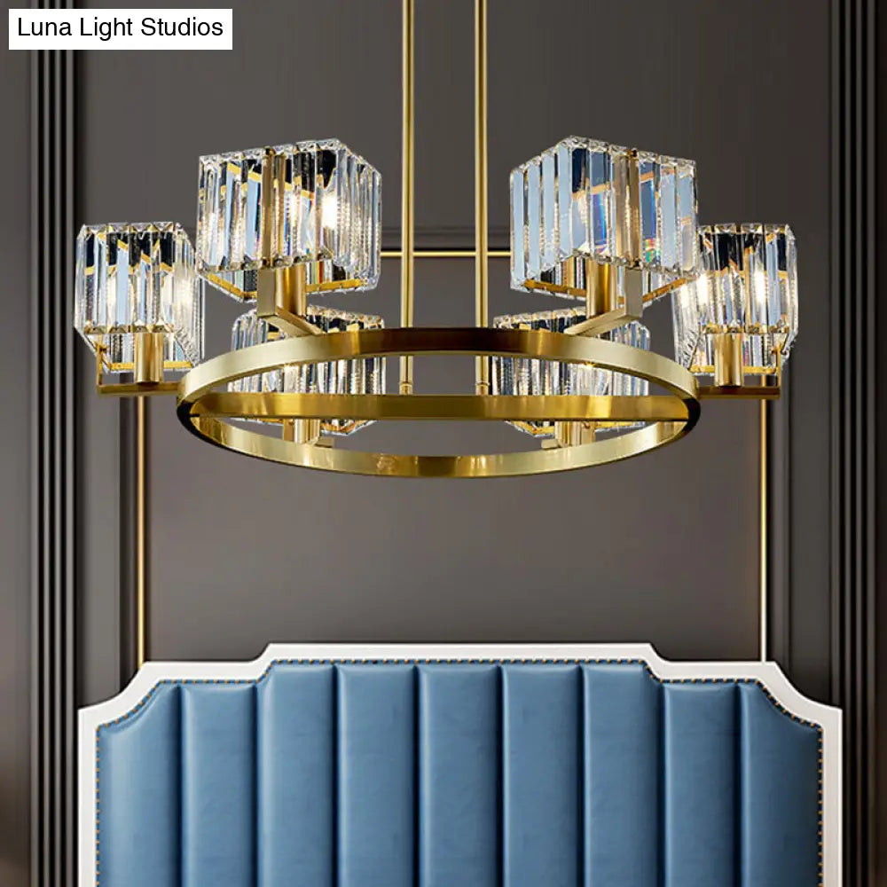 Modern Gold Semi Flush Chandelier With Crystal Cubic Shade - 4/6 Bulbs Ring Frame Mount Lighting 6 /