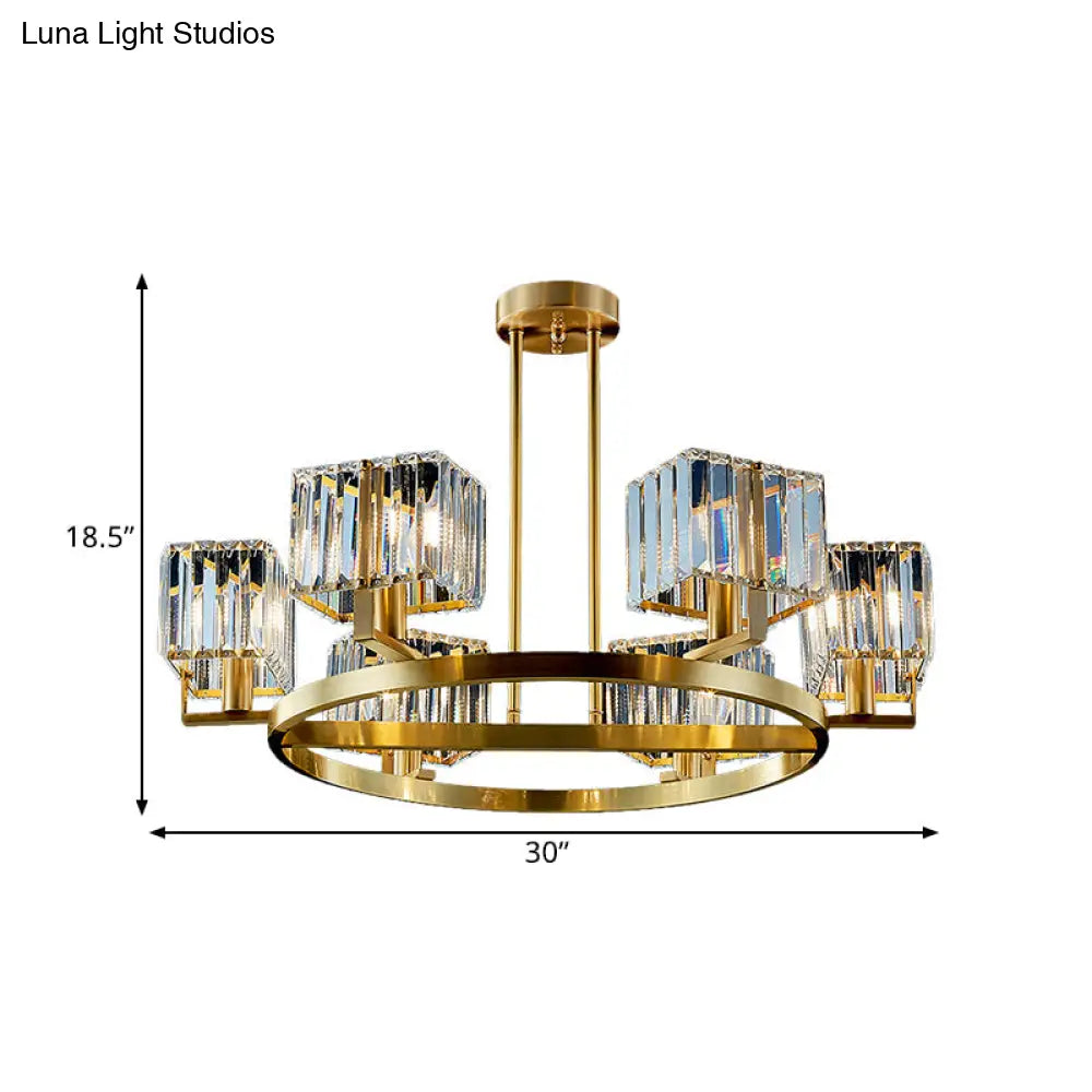 Modern Gold Semi Flush Chandelier With Crystal Cubic Shade - 4/6 Bulbs Ring Frame Mount Lighting