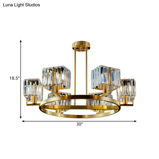 Modern Gold Semi Flush Chandelier With Crystal Cubic Shade - 4/6 Bulbs Ring Frame Mount Lighting