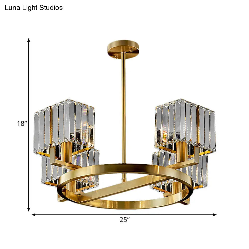 Modern Gold Semi Flush Chandelier With Crystal Cubic Shade - 4/6 Bulbs Ring Frame Mount Lighting