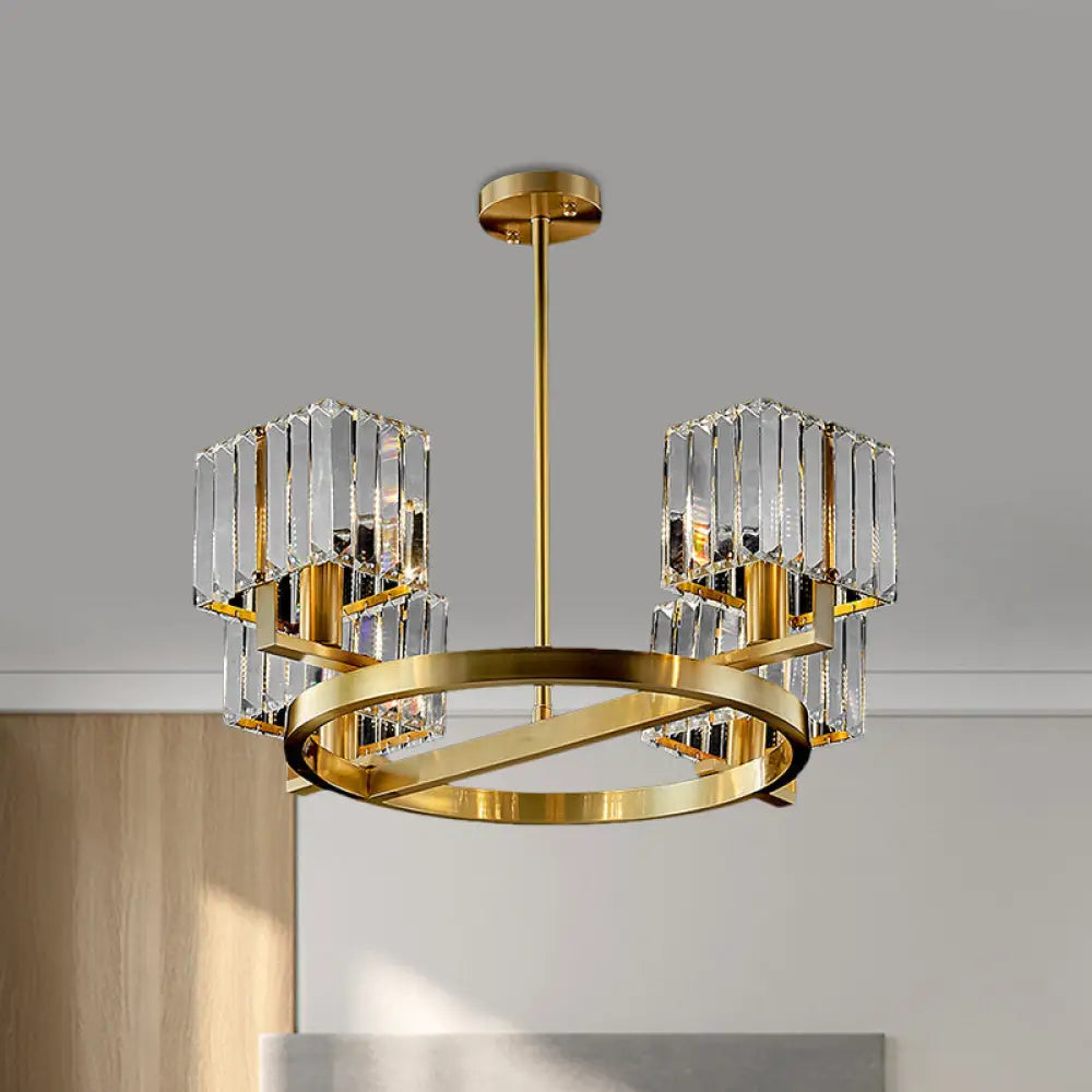 Modern Gold Semi Flush Chandelier With Crystal Cubic Shade - 4/6 Bulbs Ring Frame Mount Lighting 4