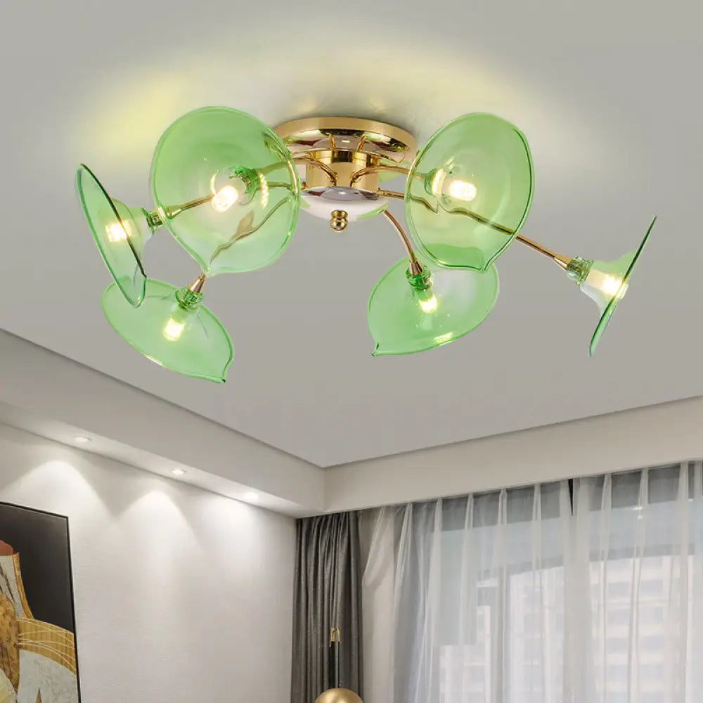 Modern Gold Semi Flush Light With Green/Clear Glass - 6 Bulbs For Living Room Green