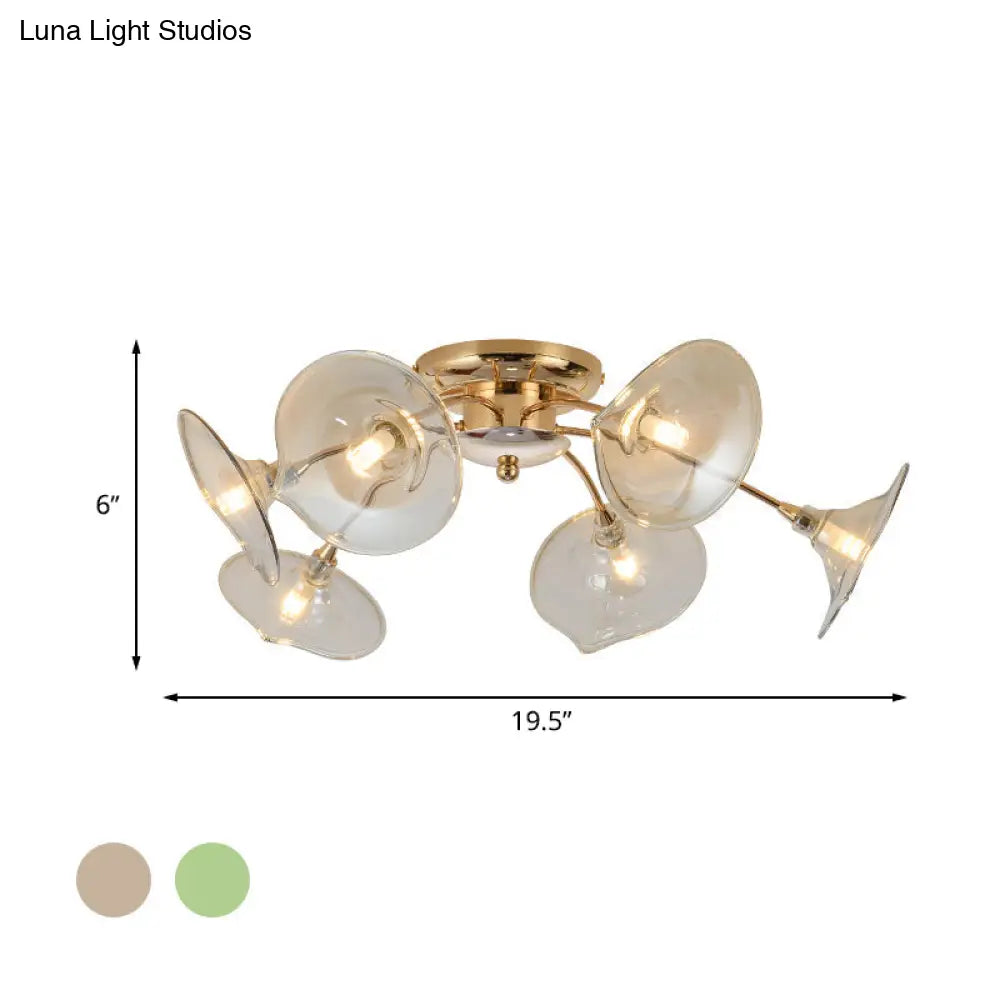 Modern Gold Semi Flush Light With Green/Clear Glass - 6 Bulbs For Living Room
