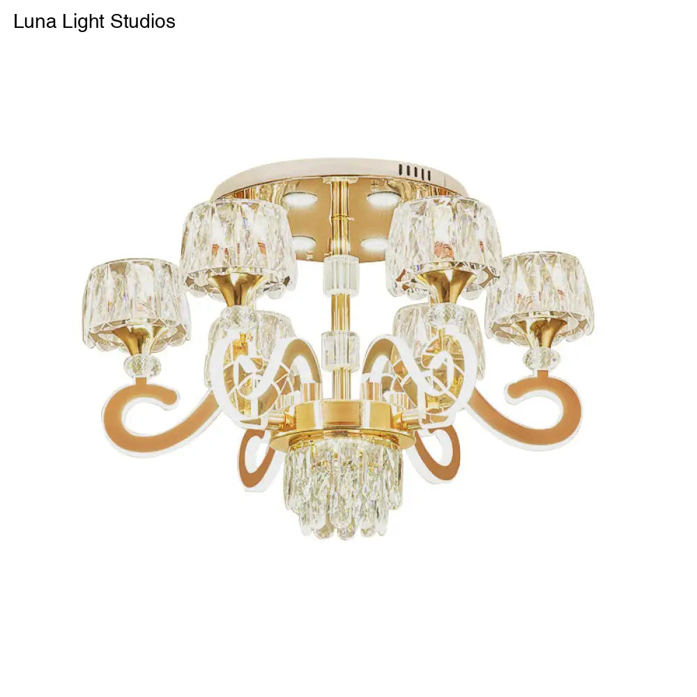 Modern Gold Semi Flush Mount Ceiling Light With Crystal Accents - 6/8 Bulbs Led Metal Scroll Arms