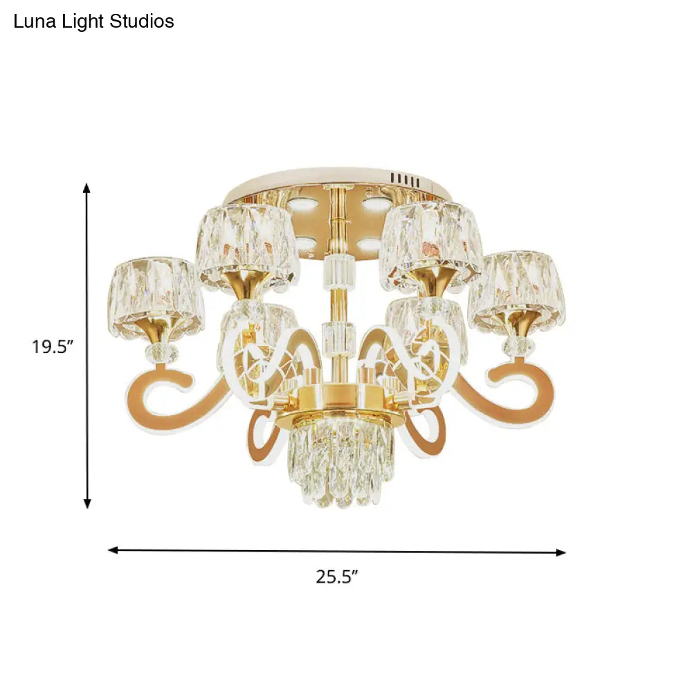 Modern Gold Semi Flush Mount Ceiling Light With Crystal Accents - 6/8 Bulbs Led Metal Scroll Arms