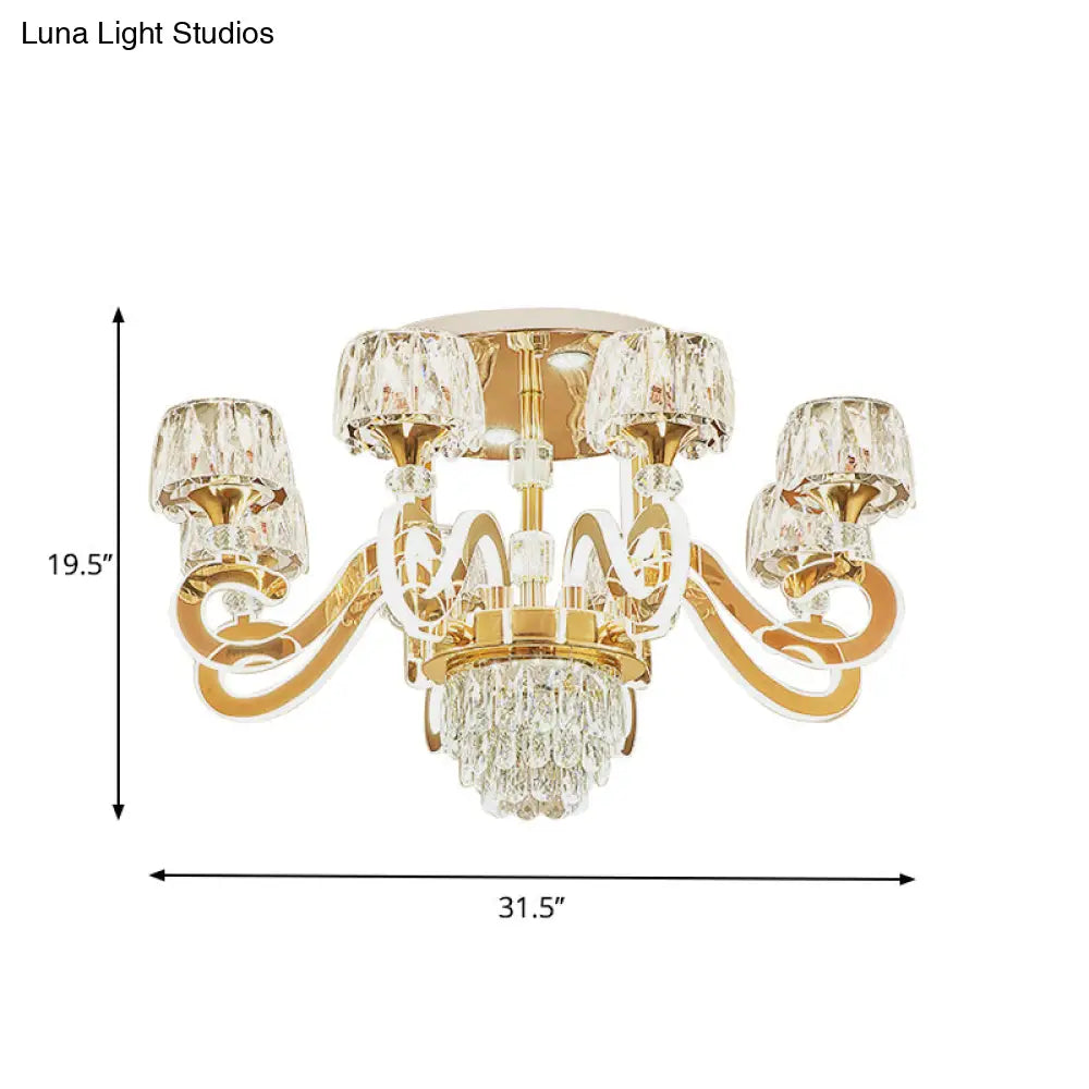 Modern Gold Semi Flush Mount Ceiling Light With Crystal Accents - 6/8 Bulbs Led Metal Scroll Arms