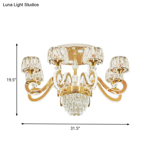 Modern Gold Semi Flush Mount Ceiling Light With Crystal Accents - 6/8 Bulbs Led Metal Scroll Arms