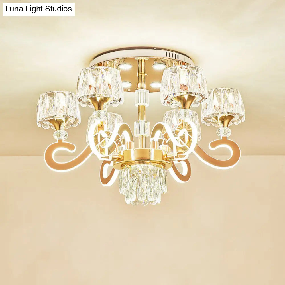 Modern Gold Semi Flush Mount Ceiling Light With Crystal Accents - 6/8 Bulbs Led Metal Scroll Arms