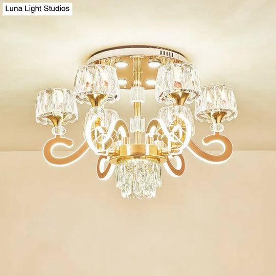 Modern Gold Semi Flush Mount Ceiling Light With Crystal Accents - 6/8 Bulbs Led Metal Scroll Arms