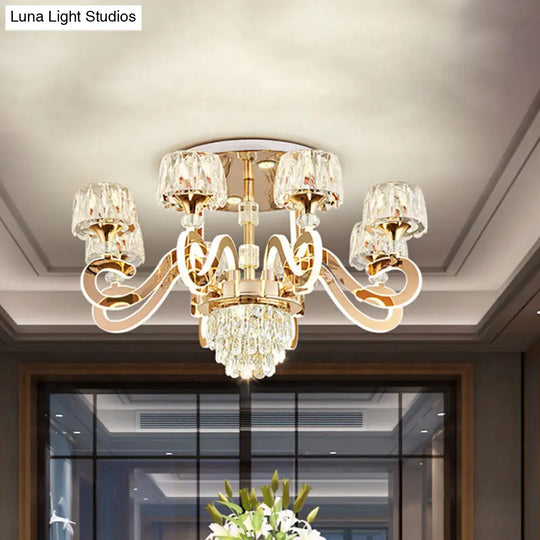 Modern Gold Semi Flush Mount Ceiling Light With Crystal Accents - 6/8 Bulbs Led Metal Scroll Arms 8