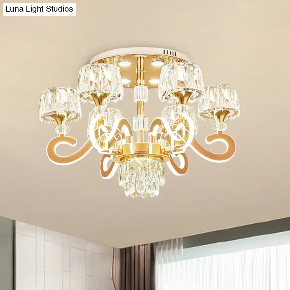 Modern Gold Semi Flush Mount Ceiling Light With Crystal Accents - 6/8 Bulbs Led Metal Scroll Arms