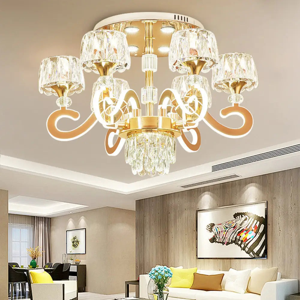 Modern Gold Semi Flush Mount Ceiling Light With Crystal Accents - 6/8 Bulbs Led Metal Scroll Arms 6