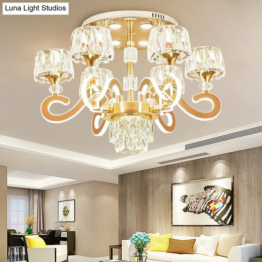 Modern Gold Semi Flush Mount Ceiling Light With Crystal Accents - 6/8 Bulbs Led Metal Scroll Arms 6