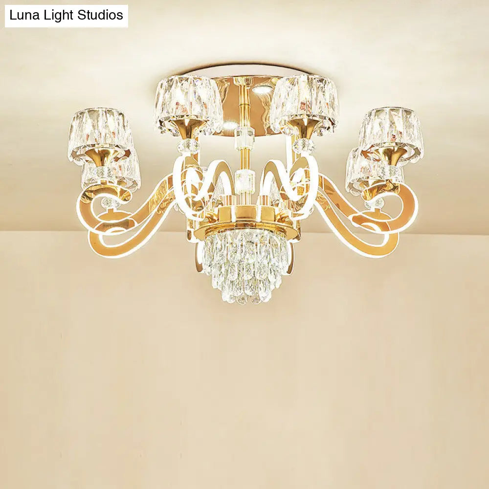 Modern Gold Semi Flush Mount Ceiling Light With Crystal Accents - 6/8 Bulbs Led Metal Scroll Arms