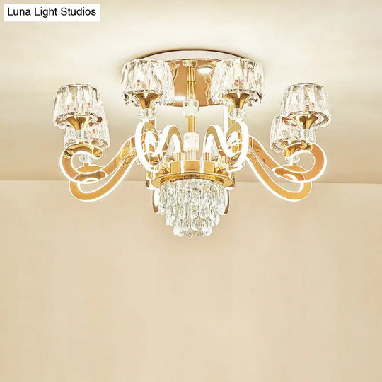 Modern Gold Semi Flush Mount Ceiling Light With Crystal Accents - 6/8 Bulbs Led Metal Scroll Arms