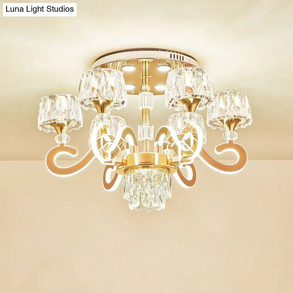 Modern Gold Semi Flush Mount Ceiling Light With Crystal Accents - 6/8 Bulbs Led Metal Scroll Arms