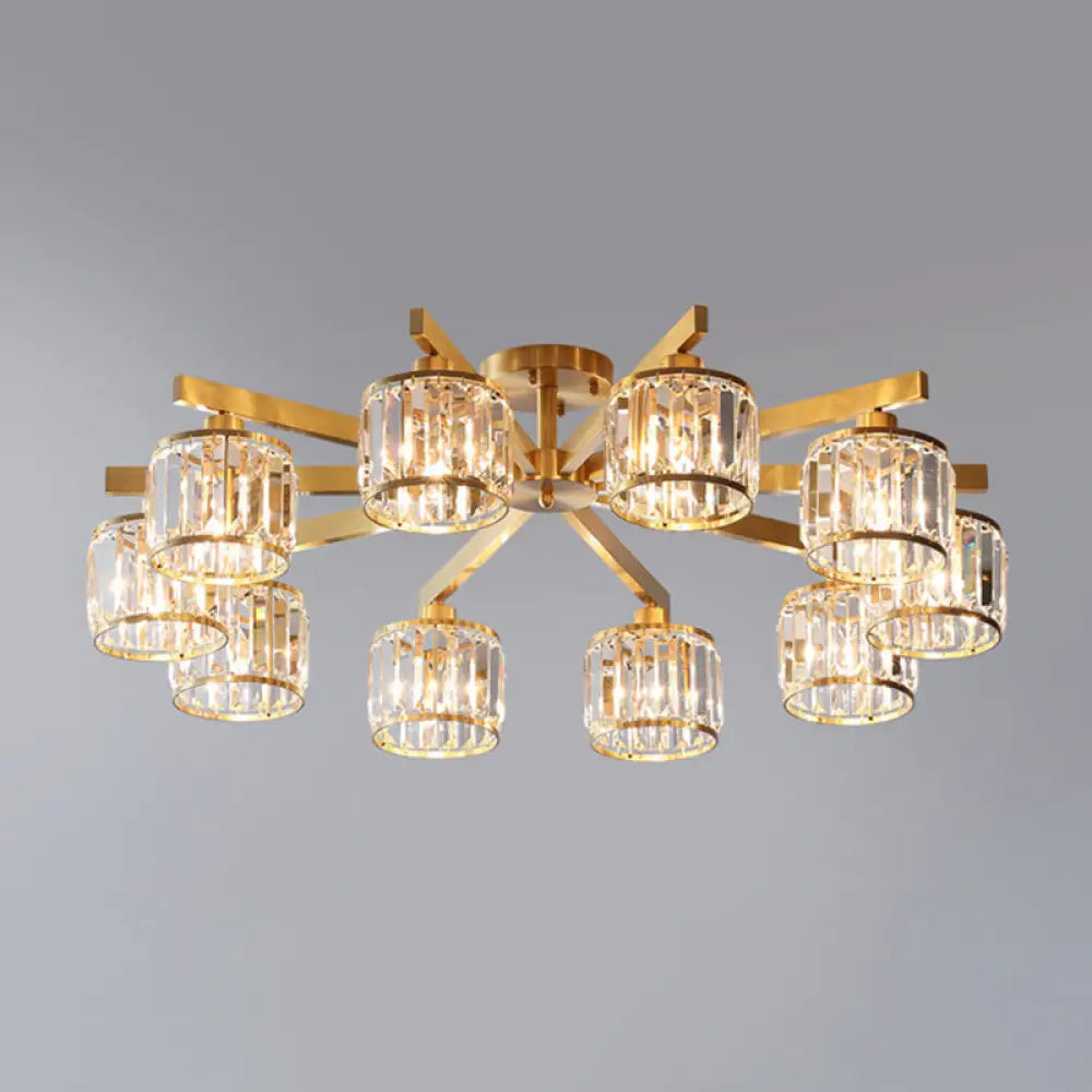 Modern Gold Semi Flush Mount Ceiling Light With Metallic Radial Design And Crystal Cylinder Shade