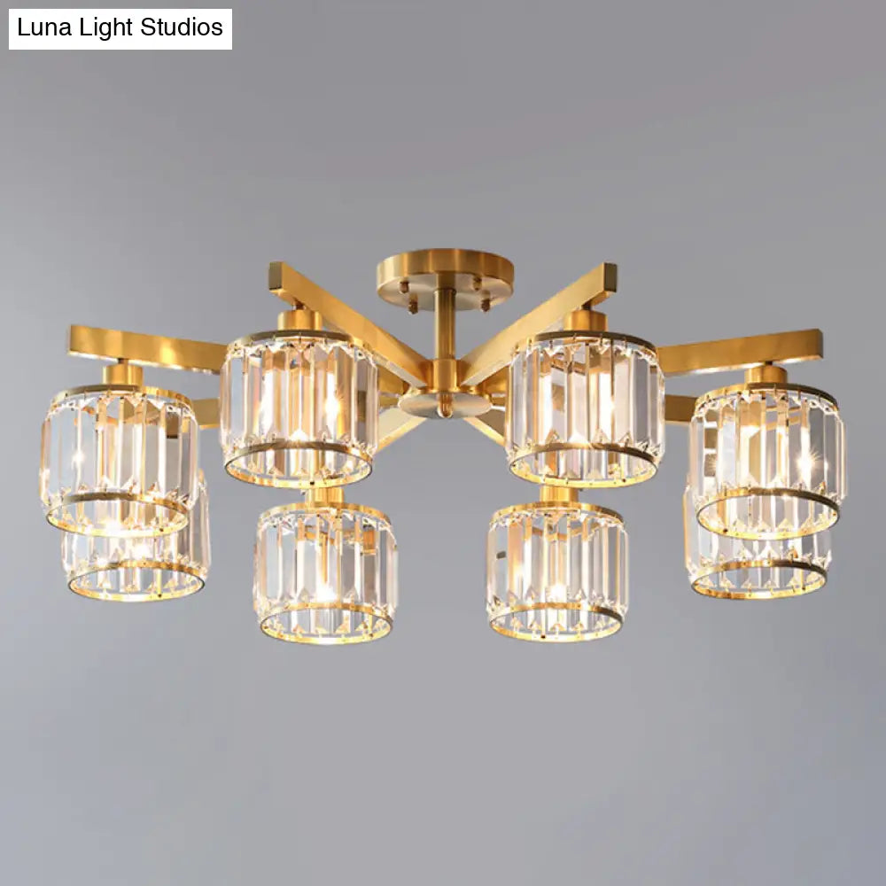 Modern Gold Semi Flush Mount Ceiling Light With Metallic Radial Design And Crystal Cylinder Shade